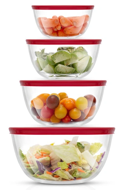 Joyjolt Set Of 4 Thick Glass Mixing Bowls With Airtight Lids In Red
