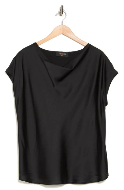 Renee C Cowl Neck Short Sleeve Satin Top In Black