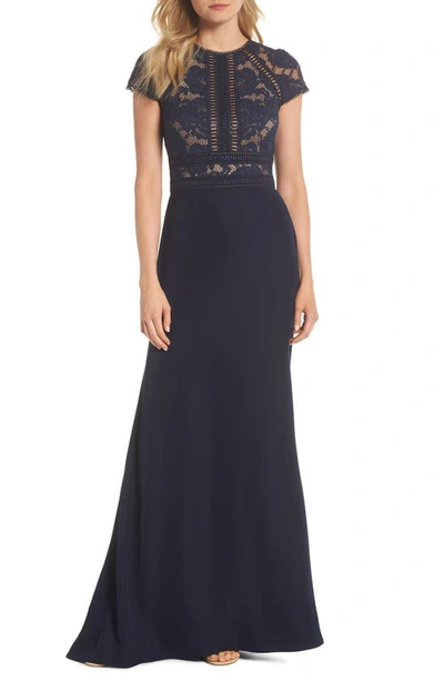 Shop Tadashi Shoji Lace & Crepe A-line Gown In Navy/ Nude