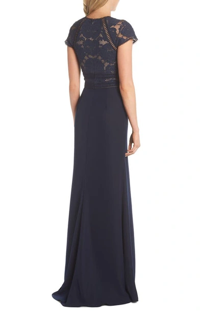 Shop Tadashi Shoji Lace & Crepe A-line Gown In Navy/ Nude