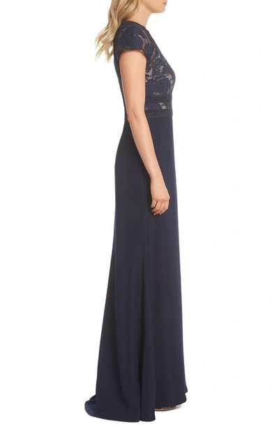 Shop Tadashi Shoji Lace & Crepe A-line Gown In Navy/ Nude