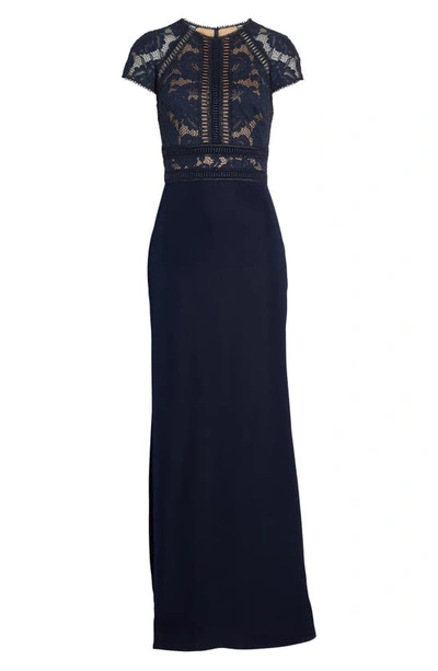 Shop Tadashi Shoji Lace & Crepe A-line Gown In Navy/ Nude