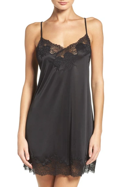 Shop Natori Enchant Lace Trim Satin Chemise In Black