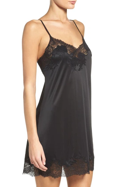 Shop Natori Enchant Lace Trim Satin Chemise In Black