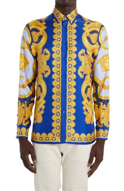 Shop Versace Golfo Print Silk Button-up Shirt In Navy/ Cobalt/ Gold