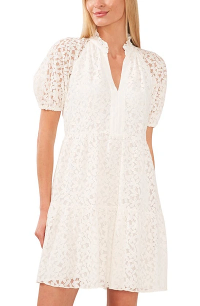 Cece Puff Sleeve Babydoll Lace Minidress In New Ivory