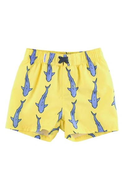 Shop Ruggedbutts Kids' Shark Print Swim Trunks In Yellow