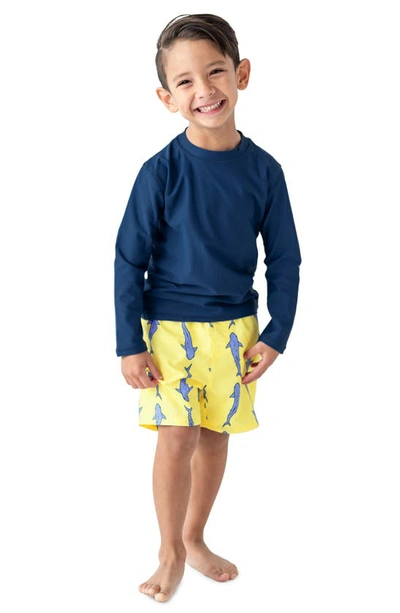 Ruggedbutts Boy's Solid Rash Guard W/ Printed Swim Trunks In Yellow
