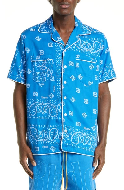 Shop Rhude Bandana Print Short Sleeve Pajama Shirt In Blue