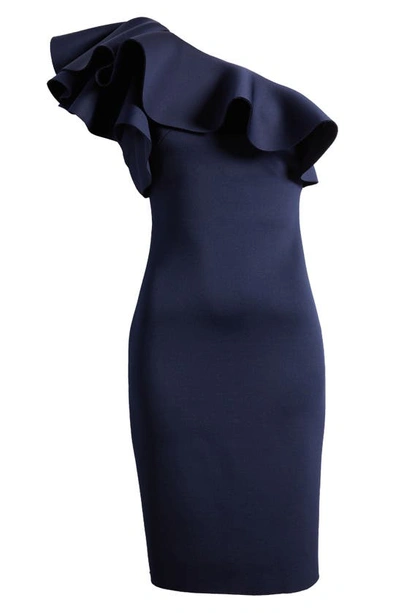Shop Eliza J One-shoulder Ruffle Neck Midi Dress In Navy