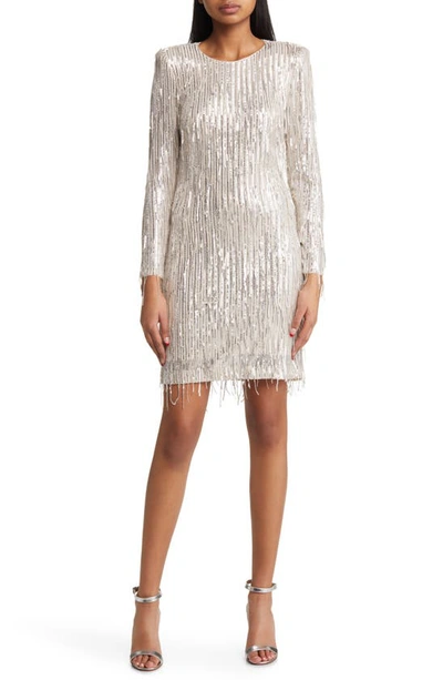 Shop Eliza J Sequin Fringed Long Sleeve Cocktail Dress In Silver