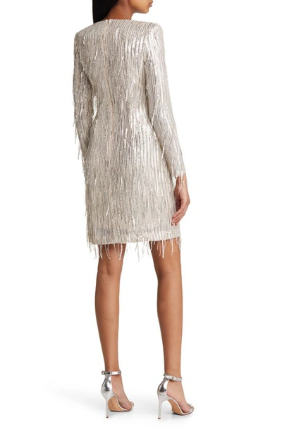 Eliza J Sequin Fringed Long Sleeve Cocktail Dress In Silver