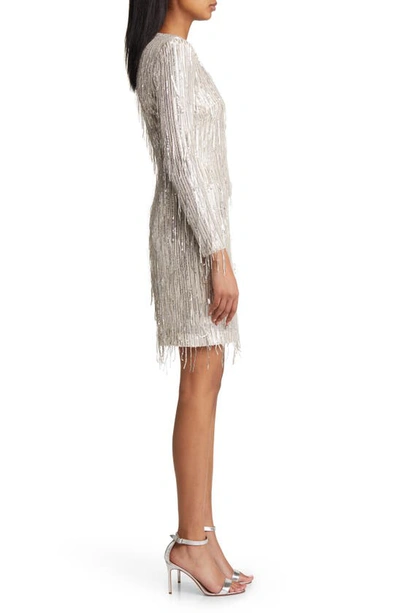 Shop Eliza J Sequin Fringed Long Sleeve Cocktail Dress In Silver