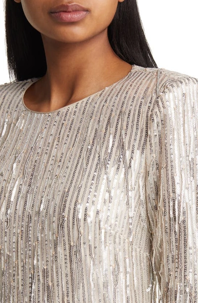 Shop Eliza J Sequin Fringed Long Sleeve Cocktail Dress In Silver