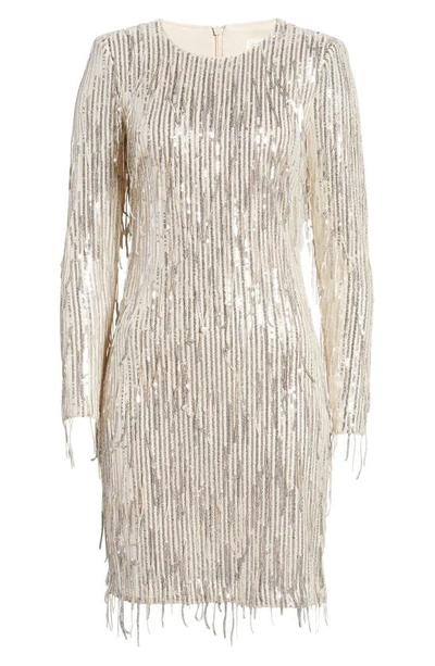 Shop Eliza J Sequin Fringed Long Sleeve Cocktail Dress In Silver