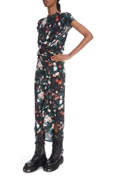 Shop Paco Rabanne Floral Cap Sleeve Midi Dress In Black Rose Garden
