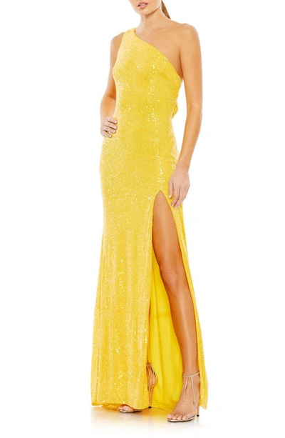 Shop Ieena For Mac Duggal One-shoulder Sequin Gown In Lemon