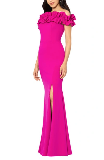 Xscape Off The Shoulder Ruffle Crepe Trumpet Gown In New Fuchsia