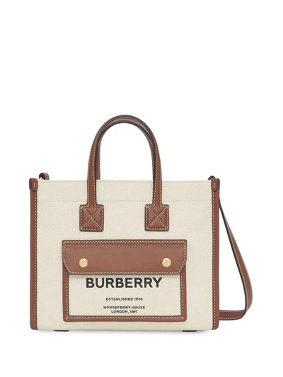 Shop Burberry Women Mini Two-tone Canvas And Leather Freya Tote In Natural/tan