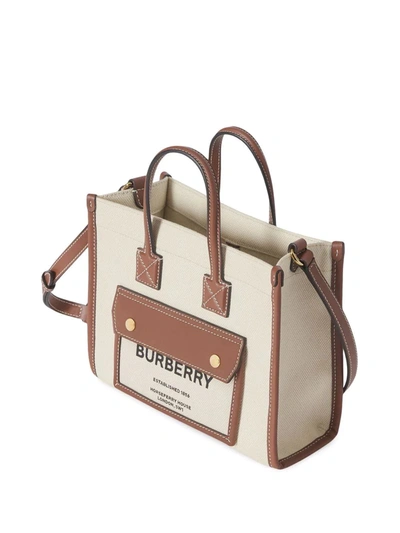 Shop Burberry Women Mini Two-tone Canvas And Leather Freya Tote In Natural/tan