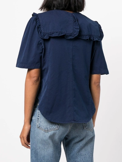 Shop Eenk Women Frilled Collar Denim Shirt In Denim Blue