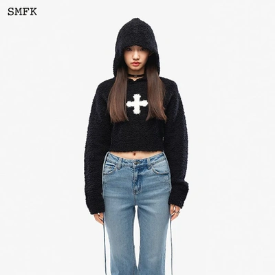 Shop Smfk Women Compass Wool Knit Short Hoodie In Black