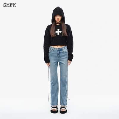Shop Smfk Women Compass Wool Knit Short Hoodie In Black