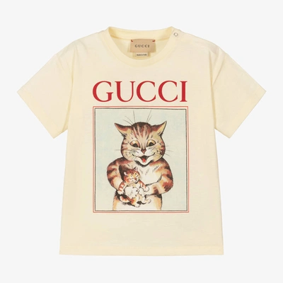 Shop Gucci Boys Ivory Cotton Cat Logo T-shirt