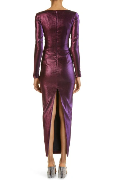 Shop Area Long Sleeve Back Slit Lamé Dress In Purple