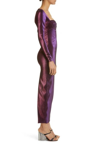 Shop Area Long Sleeve Back Slit Lamé Dress In Purple
