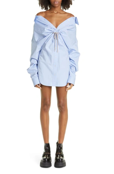 Shop Alexander Wang Athena Crystal Tie Off The Shoulder Long Sleeve Cotton Shirtdress In Oxford