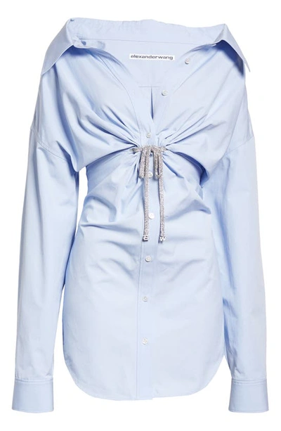 Shop Alexander Wang Athena Crystal Tie Off The Shoulder Long Sleeve Cotton Shirtdress In Oxford