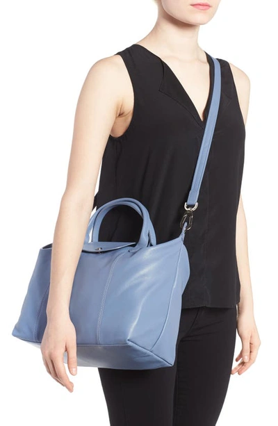 Shop Longchamp Le Pliage Cuir Leather Shoulder Bag In Blue Mist