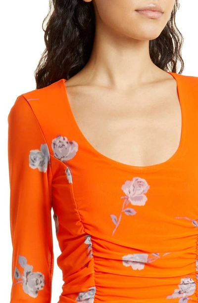 Shop Ganni Ruched Floral Print Long Sleeve Mesh Midi Dress In Orangeade