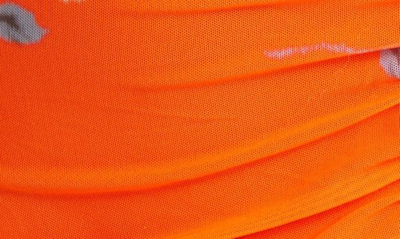 Shop Ganni Ruched Floral Print Long Sleeve Mesh Midi Dress In Orangeade