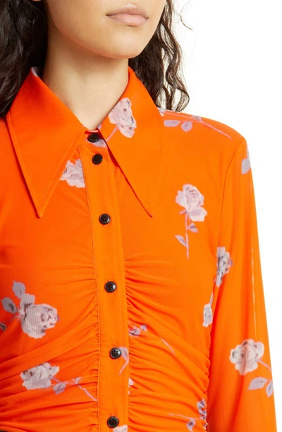 Shop Ganni Ruched Floral Print Mesh Shirt In Orangeade
