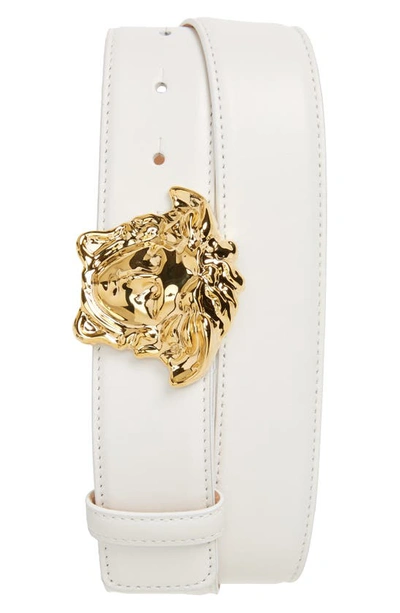 Shop Versace Medusa Head Leather Belt In White/hot Gold