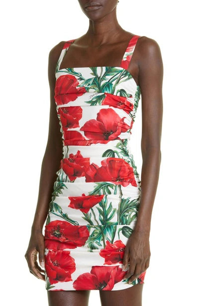 Shop Dolce & Gabbana Poppy Print Ruched Stretch Silk Charmeuse Dress In Natural White