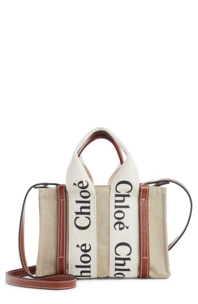 Shop Chloé Small Woody Logo Strap Linen Tote In White - Brown