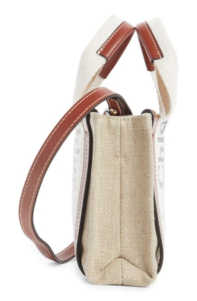 Shop Chloé Small Woody Logo Strap Linen Tote In White - Brown