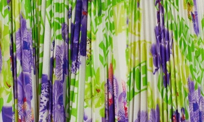 Shop Versace Orchid Print Pleated Handkerchief Hem Crêpe De Chine Miniskirt In White/ Green