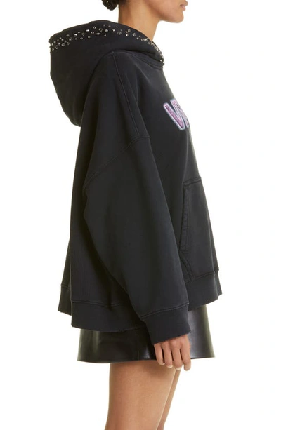 Shop Versace Neon Logo Studded Graphic Hoodie In Black/ Fuchsia