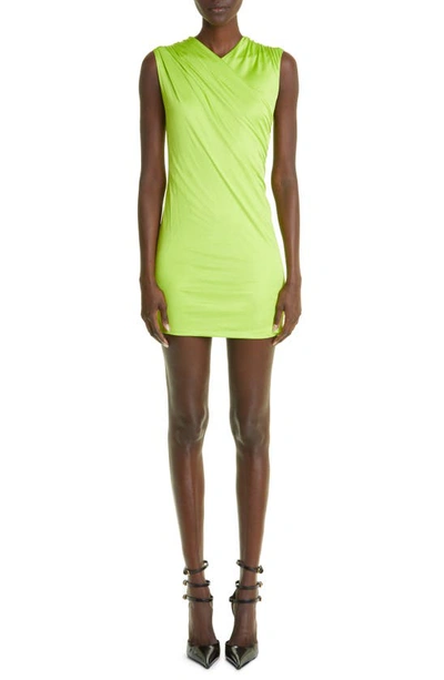 Shop Versace Gathered Crossover Neck Jersey Minidress In Lime
