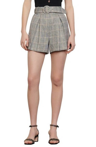 Shop Sandro Belted Plaid Shorts In Grey / Beige