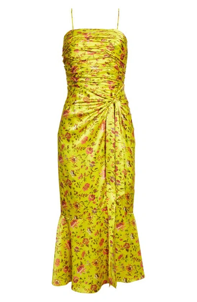 Cinq À Sept Cinq A Sept Provence Katz Ruched Floral Print Satin Midi Dress In Pomelo Multi