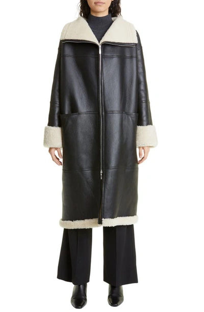 Shop Totême Signature Lambskin & Shearling Coat In Black/ White