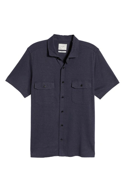 Billy Reid Hemp & Cotton Knit Short Sleeve Button-up Shirt In Navy