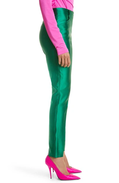 Shop Victoria Beckham Zip Detail Stretch Satin Straight Leg Pants In Emerald Green