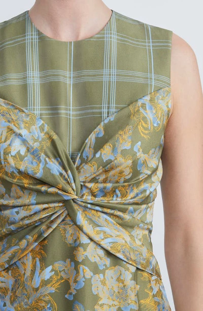 Shop Lafayette 148 Twist Front Asymmetric Hem Patchwork Silk Dress In Chive Multi