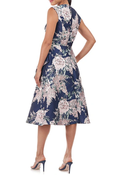 Shop Kay Unger Veronica Floral Brocade Fit & Flare Dress In Marine Blue/ Rose Tan Multi